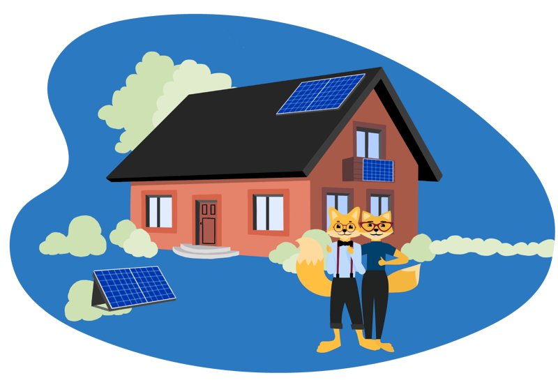 Smart Home Fox Famile vor einem Haus mit Solaranlagen zeigen Daumen hoch.